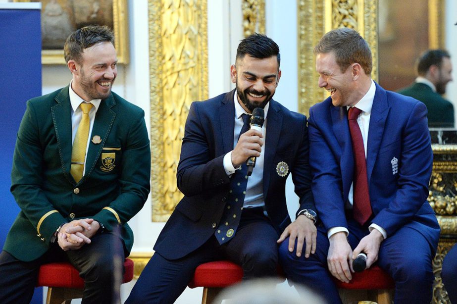 Cricket Captains AB De Villiers, Virat Kohli and Eoin Morgan during the ICC Champions Dinner at Lancaster House in London, England on Tuesday.