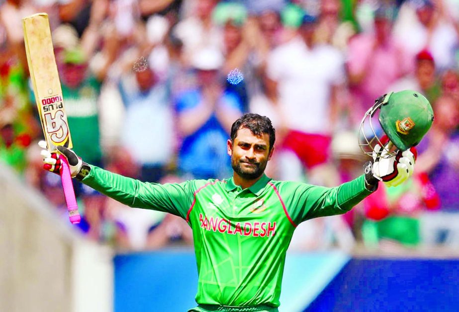 Tamim Iqbal celebrates his ninth ODI hundred during the Champions Trophy Group A match between England and Bangladesh at the Oval on Thursday.