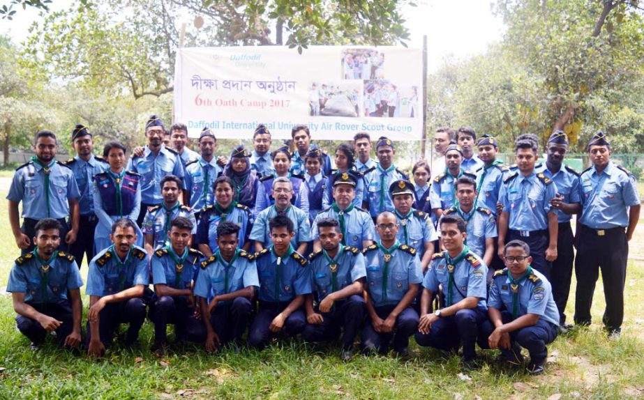 Prof Enamul Haque Khan, Commissioner, Dhaka District Rover Scout is seen at the inaugural ceremony of '6th Oath Taking Camp 2017' of Daffodil International University held at the permanent campus of the University at Ashulia, Savar on Wednesday.