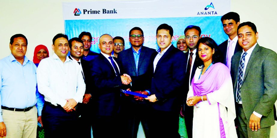 Mamur Ahmed, SVP, Consumer Banking Division of Prime Bank Limited and Sharif Zahir, Managing Director of Ananta Group, ink "Prime Payroll" agreement recently. Rahel Ahmed, Deputy Managing Director of the bank was present.