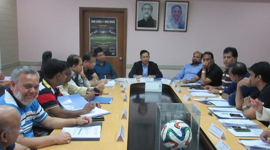 Senior Vice-President of Bangladesh Football Federation (BFF) and Chairman of the Professional Football League Committee of BFF Abdus Salam Murshedy presiding over the meeting of the Professional Football League Committee at the BFF House on Saturday.