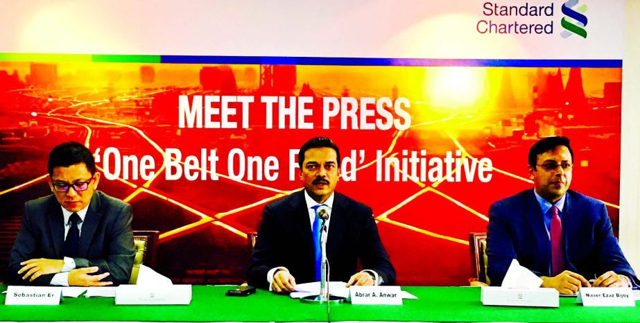 Abrar A Anwar, CEO of Standard Chartered Bangladesh, speaking at a press conference at a hotel in the city on Saturday. Sebastian Er, Director, EC of OBOR, Standard Chartered Bank China, Naser Ezaz Bijoy, Country Head of Global Banking, Bitopi Das Chowdhu