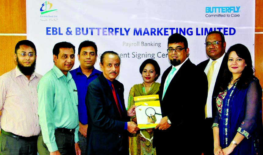 MA Mannan, Chairman and Managing Director of Butterfly Marketing Ltd. and M Nazeem A Choudhury, Head of Consumer Banking, Eastern Bank Ltd exchanging documents after signing a Payroll Banking agreement in the city recently. Senior officials from both the