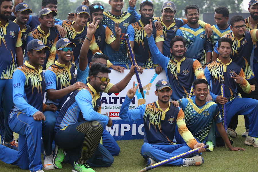 The Gazi Group team celebrates its title win in Super League of DPL 2017 at BKSP -3 Ground in Savar on Tuesday.