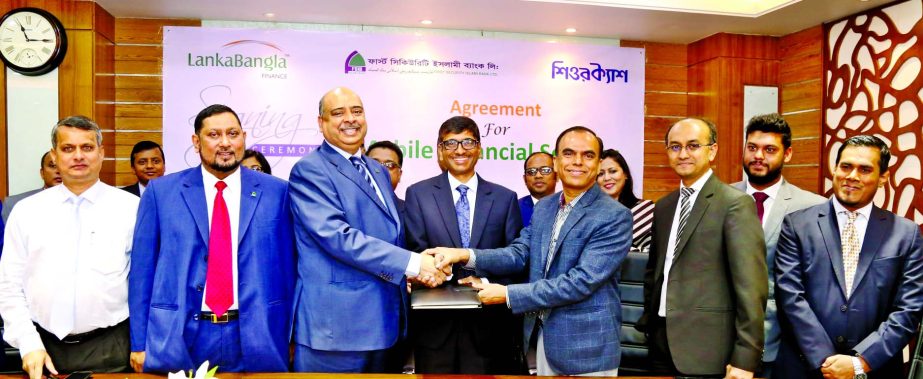 Syed Waseque Md Ali, Managing Director, First Security Islami Bank Limited, Khwaja Shahriar, Managing Director, LankaBangla Finance Limited and Dr Shahadat Khan, CEO, Progoti Systems Limited signed a tripartite agreement for providing Mobile Financial Ser