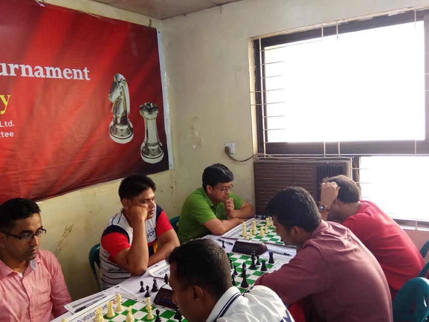 A scene from the fifth round matches of the Saif Global Sports (SGS) Open FIDE Rating Chess Tournament at Bangladesh Chess Federation hall-room on Wednesday.