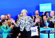 Britain's Prime Minister Theresa May gives an election campaign speech to Conservative Party supporters in Norwich, June 7, 2017. Internet photo