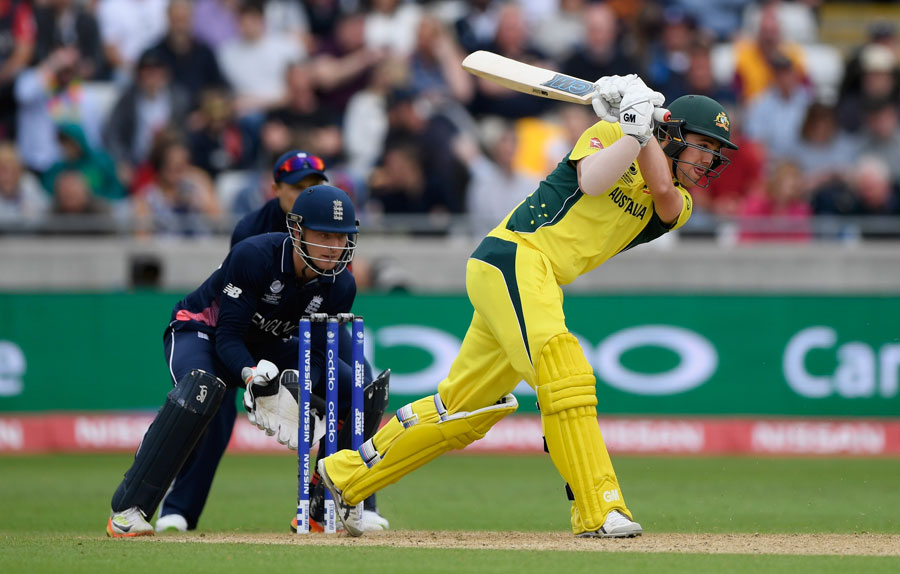 Australia batsman Travis Head hits out during the ICC Champions Trophy match between England and Australia at Edgbaston in Birmingham, England on Saturday.