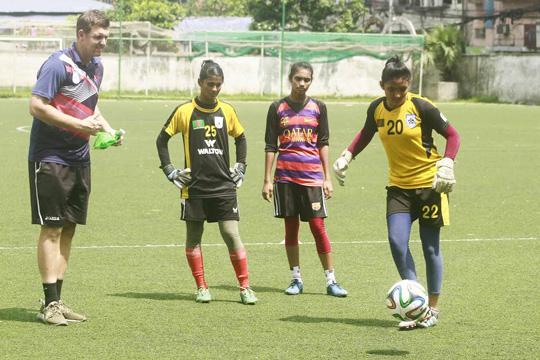 The goalkeepers of Bangladesh Under-16 Women's Football team take part at a practice session at the BFF Artificial Turf on Saturday.
