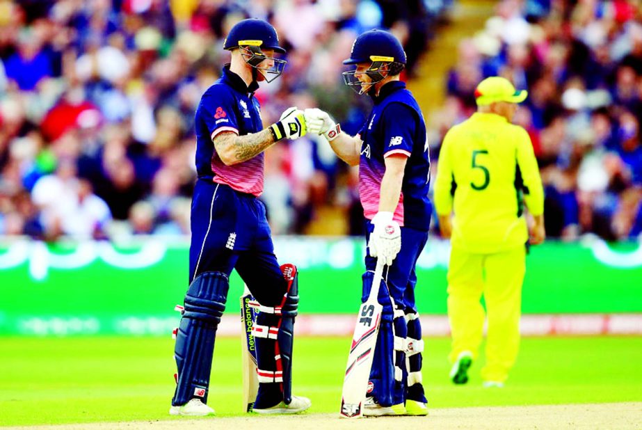 Ben Stokes and Eoin Morgan put on a recovery stand during the Champions Trophy, Group A match between England and Australia at Edgbaston on Saturday.