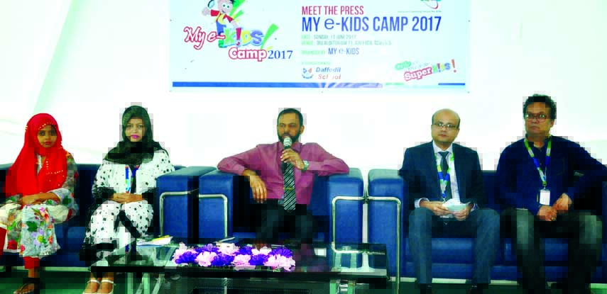 Adviser of Daffodil International School Dr Mahmudul Hasan speaking at a prÃ¨ss conference in the Hall Room of Daffodil International University on Sunday on the occasion of third My-e-Kids Camp scheduled to be held on July 21-22 next.