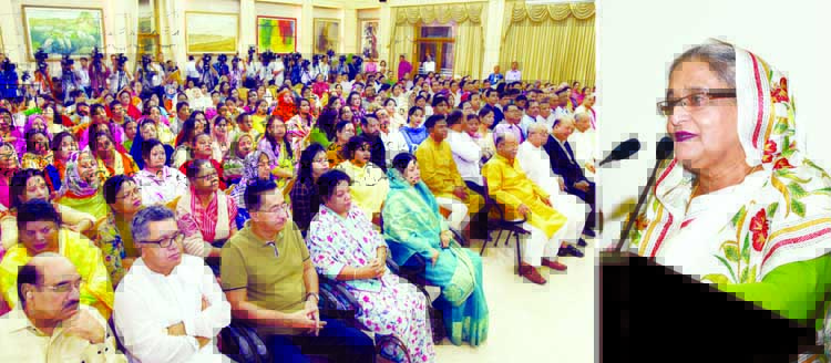 Prime Minister Sheikh Hasina addressing the Awami League leaders and activists at Ganobhaban on Sunday marking her Jail Release Day.