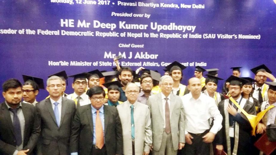 UGC Chairman Prof Abdul Mannan along with other guests and students at the second Convocation of the South Asian University at Pravasi Bharatia Kendra in New Delhi on Monday.