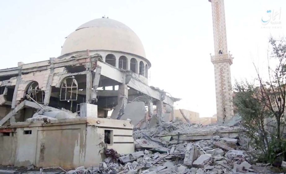 Photo shows a mosque that was damaged by bombardment by the US.-led coalition and U.S.-backed fighters in the northern Syrian city of Raqqa.