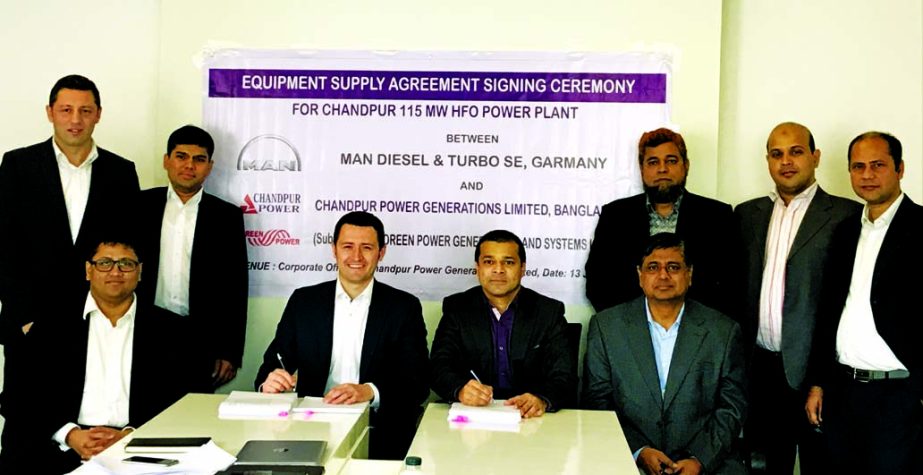 Chandpur Power Generations Limited, a subsidiary company of Doreen Power Generations and Systems Limited signed agreement with MAN Diesel & Turbo SE, Germany for supplying equipment recently. Mostafa Moin of the Power Company and Waldemar Wienser of the