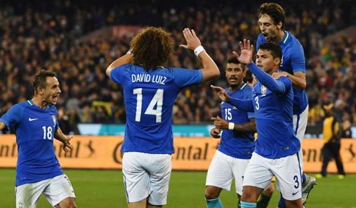 Players of Brazil celebrate after win over Australia on Tuesday.