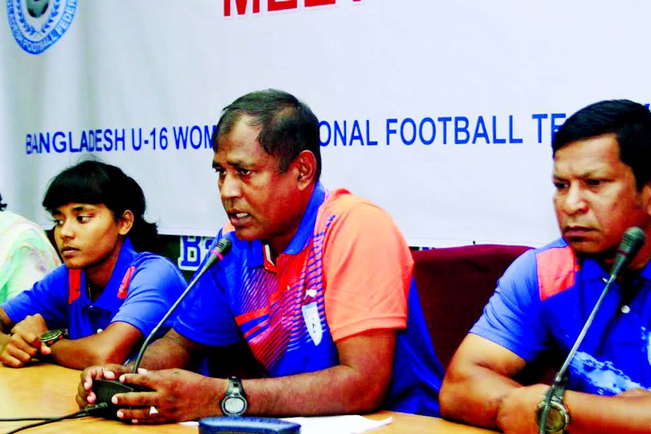 Head Coach of Under-16 Womenâ€™s Football team Golam Rabbani Choton addressing a pre-tour press conference at the BFF House on Thursday.