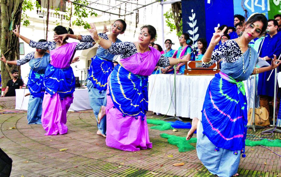 Udichi Shilpi Goosthi performing a dance programme on the occasion of 'Barsha Utsav' at the Nazrul Mancha of Bangla Academy on Thursday.
