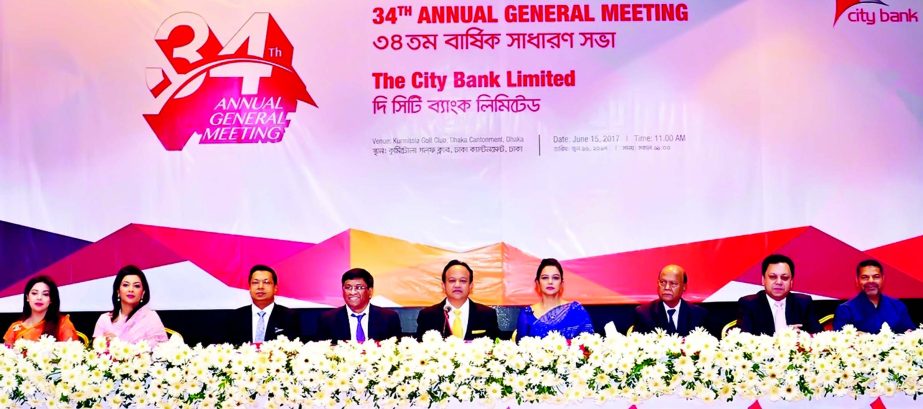 Mohammed Shoeb, Chairman of City Bank Ltd. presiding over the 34th AGM at city's Kurmitola Golf Club on Thursday. Sohail R. K. Hussain, Managing Director, Tabassum Kaiser, Vice-Chairperson, Deen Mohammad, Aziz Al Kaiser, Rubel Aziz, Hossain Khaled, Hossa