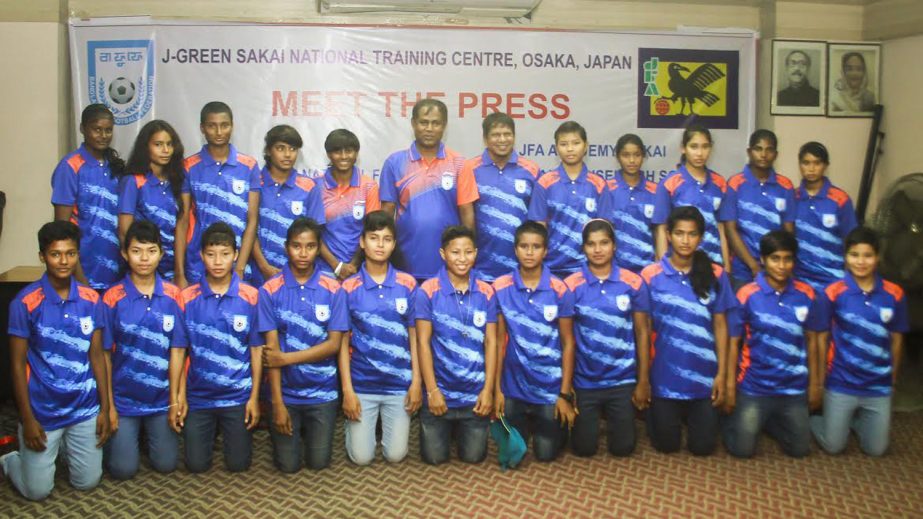 The members of the Bangladesh Under-16 National Women's Football team pose for a photo session at the BFF House on Saturday.