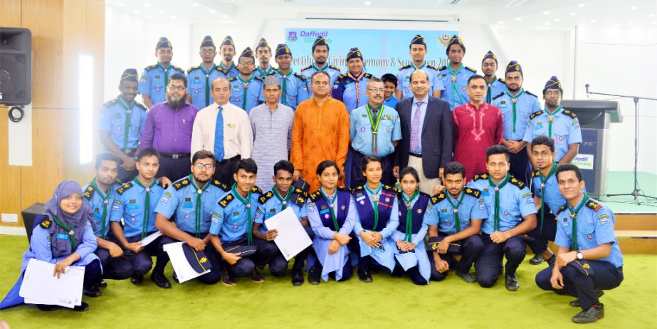 Scouter Zamil Ahmed, Deputy National Commissioner (Training), Bangladesh Scouts addressing the Scouts' Own and Certificate Distribution Ceremony and Iftar Mahfil organized by Daffodil International University Air Rover Scout Group at DIU Auditorium 71 on