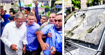 BNP Secretary General Mirza Fakhrul Islam Alamgir and three others were injured (left) as local Awami League supporters allegedly attacked his motorcade (right) at Ichakhali in Rangunia Upazila on their way to visit hillslides victims in Rangamati on Sund