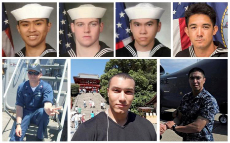 A combination photo of the dead sailors identified by the U.S. Navy in the collision incident between U.S. Navy destroyer USS Fitzgerald and Philippine-flagged merchant vessel south of Tokyo Bay on June 17, 2017. Top row (L-R) Fire Controlman 2nd Class Ca