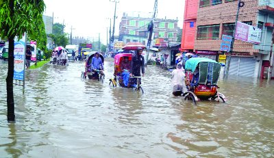 SYLHET: Pathantoli area on Sylhet- Sunamganj Road has flooded due to heavy rainfall on Sunday.