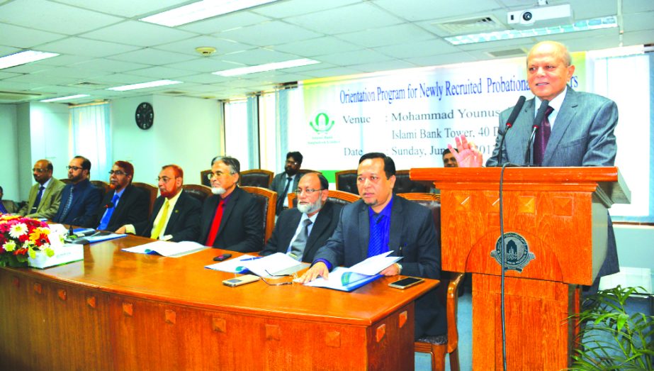 Md. Abdul Hamid Miah, Managing Director of Islami Bank Bangladesh Limited, addressing in an orientation programme for newly joined probationary officers at the banks head office in the city on Sunday. Dr.Mahmood Ahmed, DG of the bank's training & researc