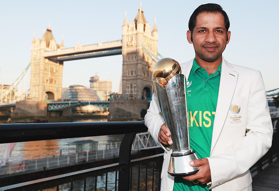 Pakistan captain Sarfraz Ahmed with the Champions Trophy on the morning after the final in London on Monday.