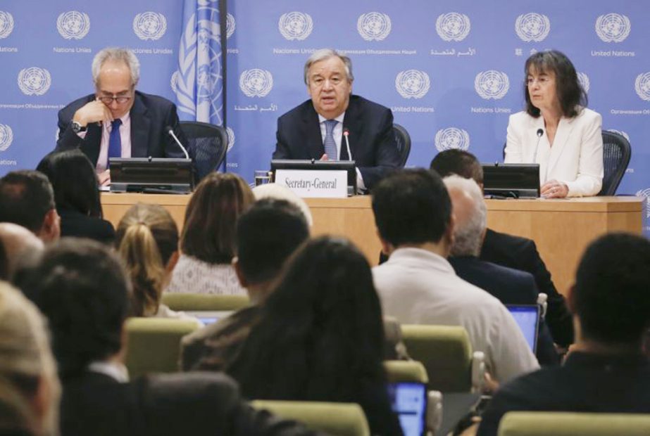Secretary-General AntÃ³nio Guterres, centre, accompanied by UN spokesman StÃ©phane Dujarric, left, and Director of the U.N. High Commissioner for Refugees Ninette Kelley, right, speaks during his first press conference with UN correspondents, on World