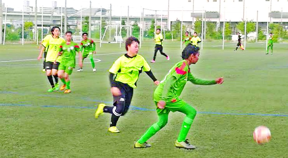A scene from the exhibition football match between Bangladesh Under-16 National Women\'s Football team and Seisho High School at Osaka in Japan on Friday. Bangladesh Under-16 National Women\'s Football team won the match 3-1.