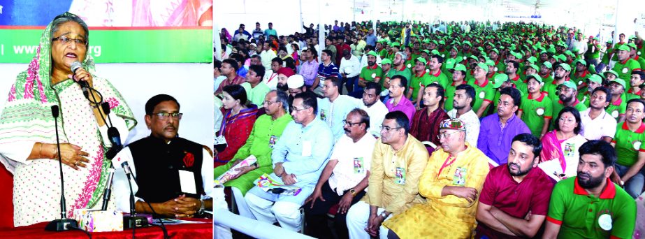 Prime Minister and also Awami League (AL) President Sheikh Hasina addressing a ceremony organised on the occasion of 68th founding anniversary of AL at the party's central office in the city's Bangabandhu Avenue on Friday.