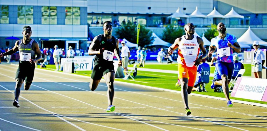 Tyson Gay (right) races against Christian Coleman (second from right) Jeff Demps (second from left) and LeShon Collins (left) in a heat of the first round of the men's 100 meters at the U.S. Track and Field Championships in Sacramento, Calif on Thursday.