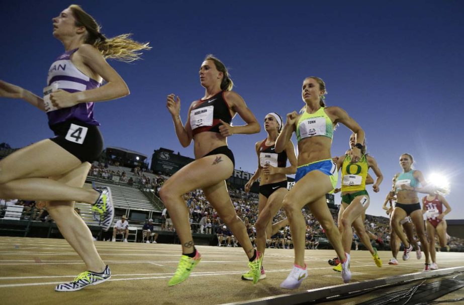Runners in the women's 5,000 meters, including Shelby Houlihan ( second from left) compete during the U.S. Track and Field Championships in Sacramento, Calif on Friday. Houlihan won the race.