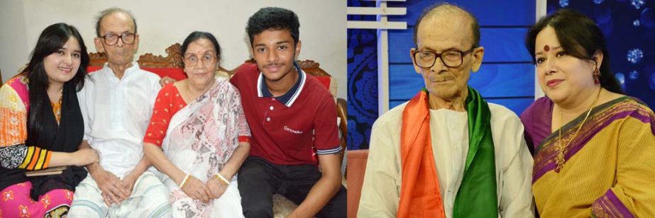 Sudhin Das delivering speech in a recent programme (top-right), along with wife singer Nilima Das and grandson and daughter at his residence (bottom-left) and with only daughter Tagore artiste Suporna Das at the studio of a TV channel in a programme (bott