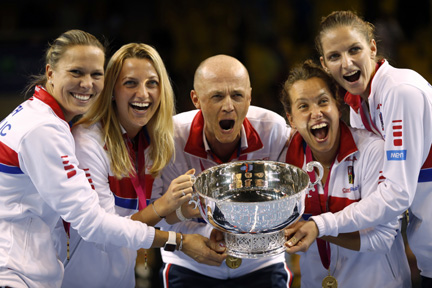 This is a Sunday, Nov. 13, 2016 file photo of the Czech Republic team captain Petr Pala, center, and players hold the trophy after their victory against France, during the Fed Cup final in Strasbourg, eastern France. The Davis Cup and Fed Cup are planni
