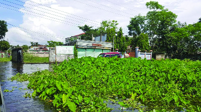 KULAURA( Moulvibazar): Roads and houses in Kulaura Poura area have been submerged due to flash flood and hilly water. This picture was taken on Friday.