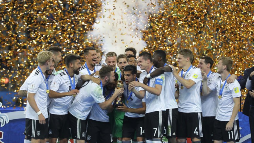 German players celebrate winning the Confederations Cup final on Sunday.