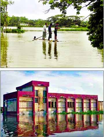 Fresh areas of Balaganj Upazila of Sylhet were inundated by the hilly flash floods for the past several days of the heavy downpour (top) and one of the educational institutions at Moulvibazar went under water (bottom) on Monday.