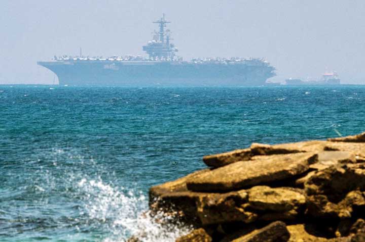 The aircraft carrier USS George H. W. Bush is seen moored in the Mediterranean Sea off the Israeli port of Haifa.