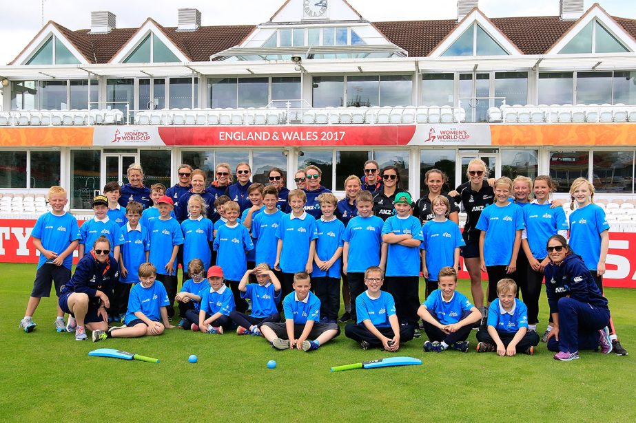 Local school children attend a training session with New Zealand Womenâ€™s Cricket team at Taunton on Monday.