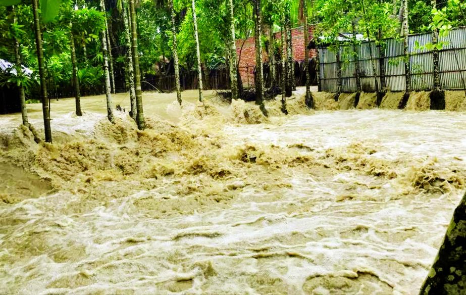 Onrush of hilly water triggered by heavy downpour over the last four days inundated vast areas of Chokoria Upazila of Cox's Bazar district. This photo was taken on Tuesday.