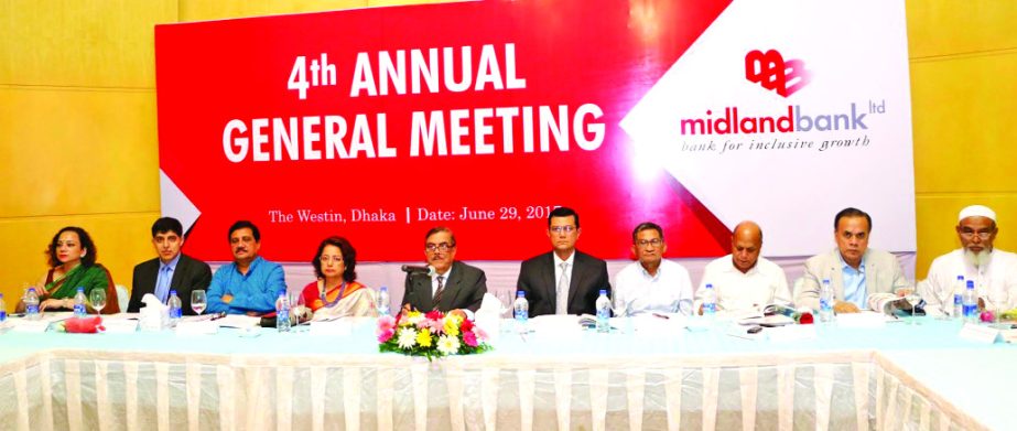 M Moniruzzaman Khandaker, Chairman, Board of Directors of Midland Bank Limited, presiding over the 4th Annual General Meeting at a city hotel recently. The AGM approved 11pc stock dividend for the year 2016 for its shareholders. Md. Ahsan-uz Zaman, Managi