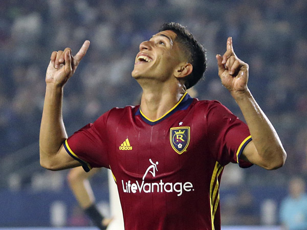 Real Salt Lake forward Jefferson Savarino celebrates after one of his two goals against the LA Galaxy in the second half of an MLS soccer match in Carson, Calif. on Tuesday. Real Salt Lake won 6-2.