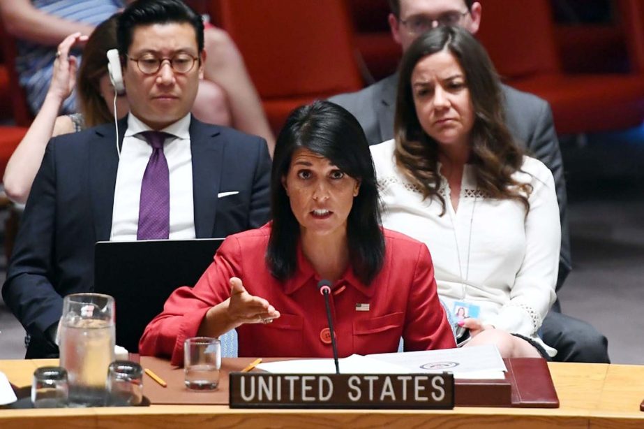 US Ambassador to the United Nations Nikki Haley speaks during a Security Council meeting on North Korea at the UN headquarters in New York on Wednesday.