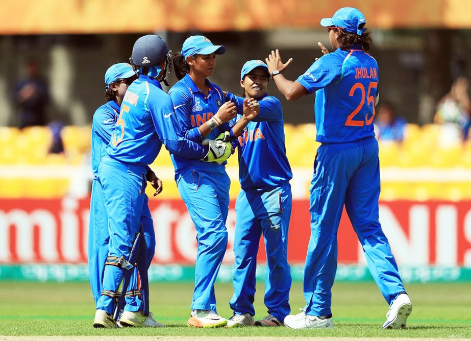 Harmanpreet Kaur of India is congratulated on bowling Lizelle Lee of South Africa for lbw during the ICC Women's World Cup 2017 match between South Africa and India at Grace Road in Leicester, England on Saturday.