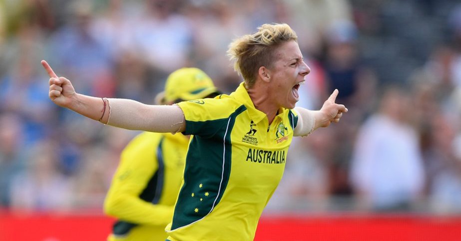 Australian bowler Elyse Villani celebrates after dismissing Natalie Sciver during the ICC Women's World Cup 2017 match between England and Australia at the Brightside Ground in Bristol, England on Sunday.