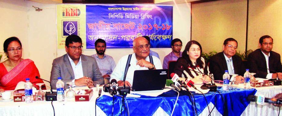 Economist Debapriya Bhattachariya speaking at a press briefing on 'National Budget 2017-'18:Post-Approval Observations' organised by Center for Policy Dialogue at BRAC Inn Center in the city on Monday.
