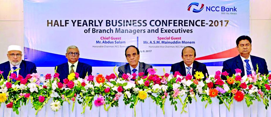 Abdus Salam, Chairman of NCC Bank Limited, inaugurating the two days long'Half Yearly Business Conference-2017' of executives and branch managers' in Dhaka on Saturday. EC Chairman SM Abu Mohsin and Audit Committee Chairman Md Amirul Islam FCA, FCS wer